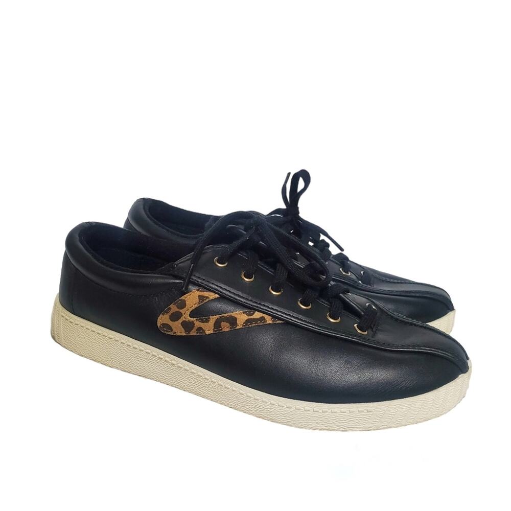 Tretorn Black Leather Shoes Leopard Print Detail Cream Sole Womens 9.5